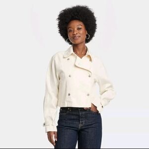 Universal Thread Women's Denim Cropped Trench Jacket Off-White Cream XS